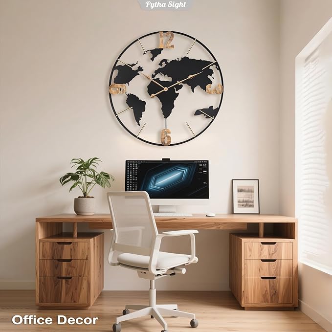 36 Inch Oversized Giant Extra Large Modern Decorative Metal World Map Wall Clock,Big Vintage Gold Arabic Numeral Wall Clocks for Living Room,Entryway,Office,Fireplace,Dining Room-CasaMuseHome