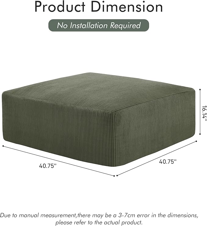 40" Square Stuffed Ottoman Pouf for Sofa Couch, Corduroy Poufs with Foam Chunk Filling, Furry & Fluffy Foot Stool Movable Ottoman. 40 * 40 Floor Poufs Foot Rest for Living Room, Green-CasaMuseHome