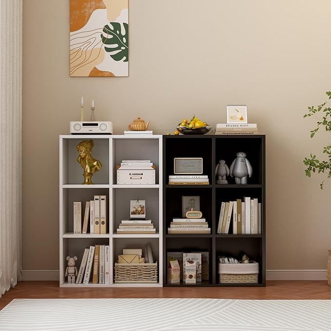 6-Cube Storage Shelf Bookcase - Wooden 3-Tier Floor Standing Open Bookshelf for Home and Office, Display Cabinet, Black-CasaMuseHome