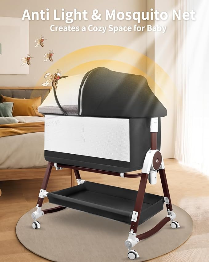 4 in 1 Baby Bassinet, Bassinets Bedside Sleeper with Wheels and Storage Basket, Adjustable 7 Heights Bedside Sleeper with Mosquito Net, Breathable Mesh Rocking Bassinet for Baby-CasaMuseHome