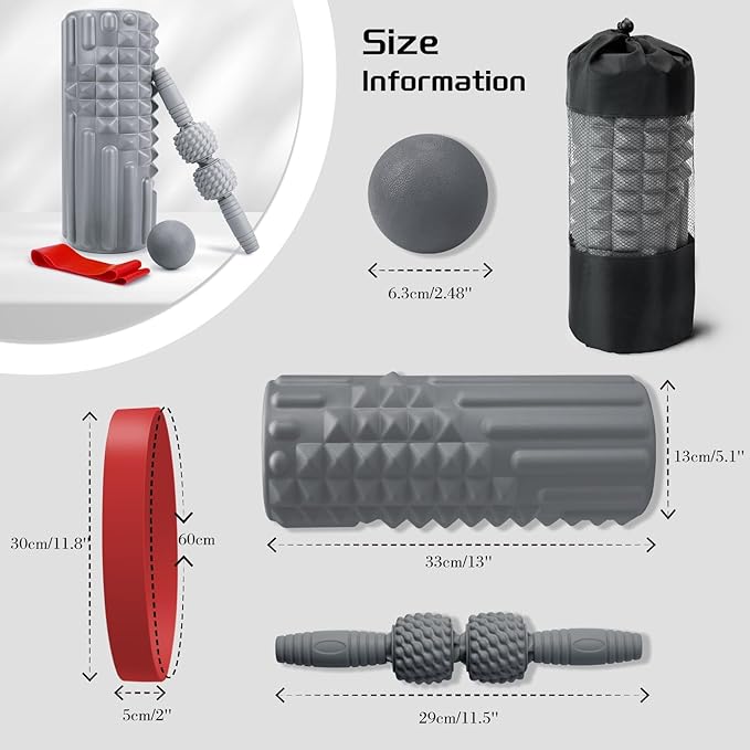5-in-1 Foam Roller Set, Massage Roller Stick, Massage Ball, Resistance Band for Deep Muscle Massage, Trigger Point Release, Pilates, Yoga (Grey)-CasaMuseHome