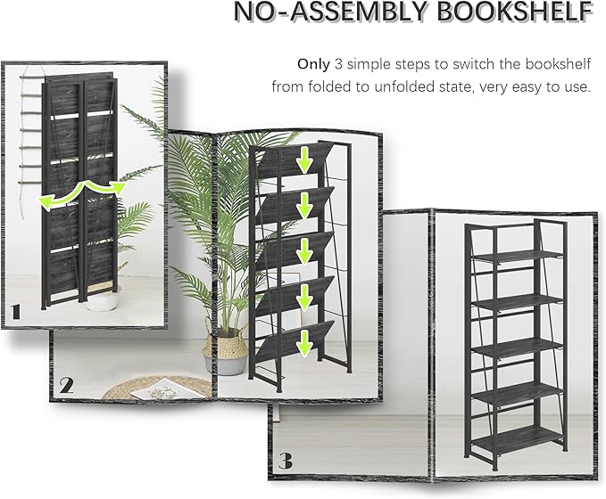 4NM No Assembly Foldable Bookshelf, 5-Shelf Collapsible Bookcase Storage for Small Spaces, 62.2" H, Gray and Black-CasaMuseHome