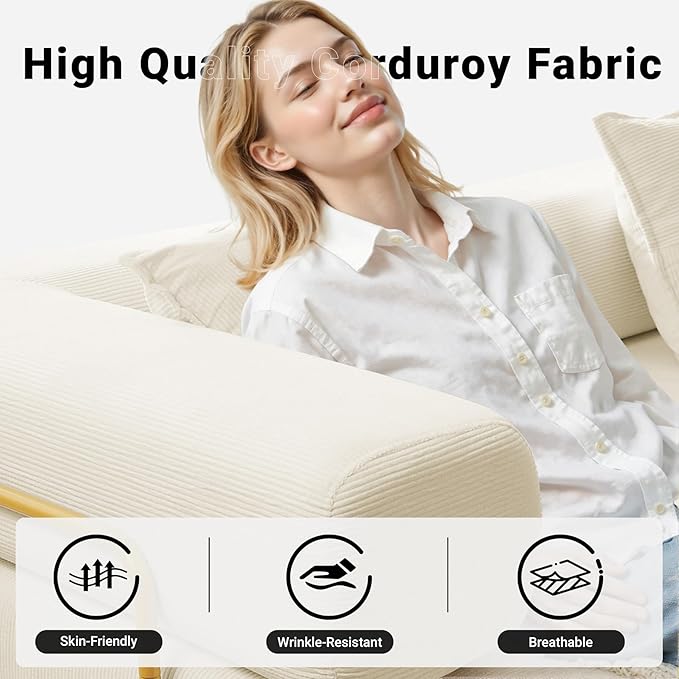 108" Oversized Convertible Sleeper Sofa Bed, Corduroy L Shape Sectional Couch, Folding Sofa Bed with Side Pocket, Modern Cloud Floor Mattress Couch, Modular Sofa for Living Room, Beige-CasaMuseHome