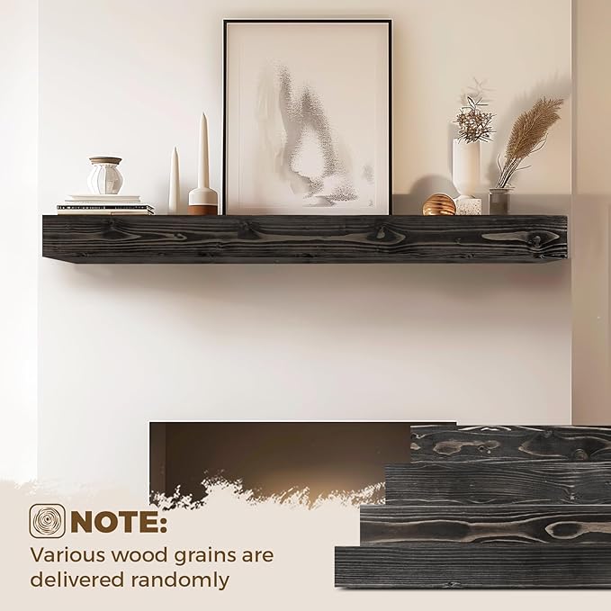 56x8x5 Fireplace Mantel - Handcrafted Hollow Rustic Solid Wood Wall Mounted Floating Shelf with Invisible Heavy Duty Wood Bracket (Weathered Black)-CasaMuseHome