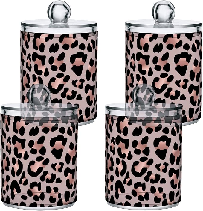 2 Pack Qtip Holder Dispenser Rose Gold Black Leopard Bathroom Storage Canister Lid Acrylic Plastic Apothecary Jar Set Vanity Makeup Organizer for Cotton Swab/Ball/Round Pads, Floss-CasaMuseHome