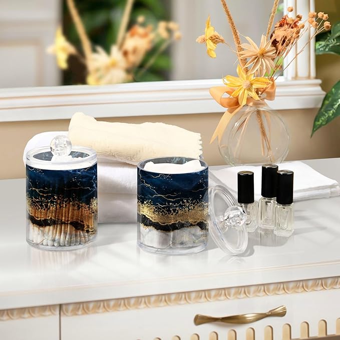 2 Pack Qtip Holder Dispenser Navy Blue Marble Bathroom Storage Canister Lid Acrylic Plastic Apothecary Jar Set Vanity Makeup Organizer for Cotton Swabs/Pads/Floss-CasaMuseHome