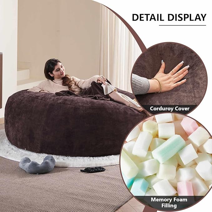 6FT,Oversized Bean Bag Chairs for Adults,Giant beanbag with Filler Included,Fluffy Memory Foam,Soft and Comfy Corduroy Fabric,Gaming Chairs Suitable for Living Room and Bedroom (Brown, 6 Foot)-CasaMuseHome