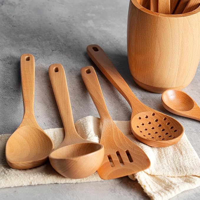 11 PCS WOSPONFAN Kitchen Utensils Set - Wooden Spoons for Cooking, Natural Beech Wood Wooden Utensils - Includes Wooden Spoons, Spatula Set, Slotted Spoon - Handmade Wooden Spoon Set-CasaMuseHome