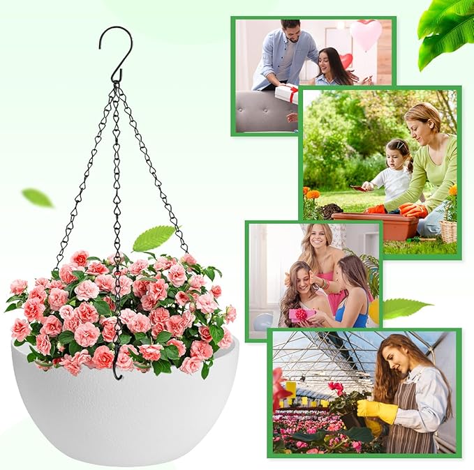 13 inch Hanging Planters for Indoor Plants, 2 Pack Planters for Outdoor Plants with Drainage Holes and Chain, Round Plastic Hanging Baskets, Hanging Flower Pots for Balcony Garden Decor-White-CasaMuseHome