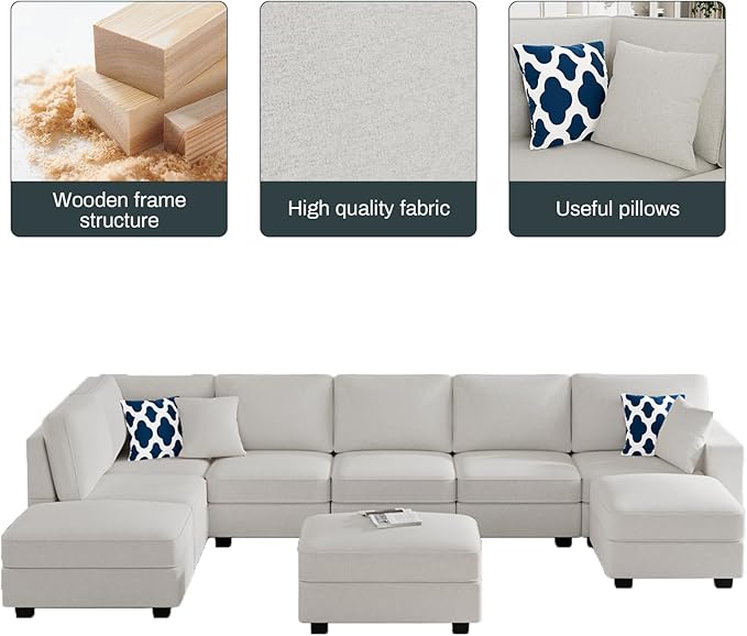 L Lengend Vansen Modular Sectional Sofa U Shaped Couch with Ottoman Modern Reversible Corner Sectional Couch for Living Room (Cream, U Shaped Sofa-4)-CasaMuseHome