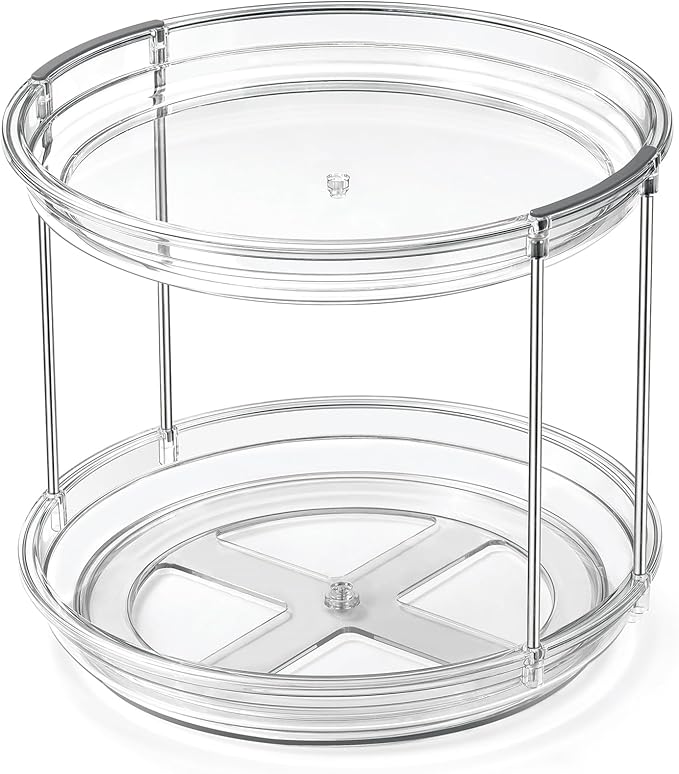 2 Tier Lazy Susan Organizer, 9.25'' Lazy Susan Turntable for Cabinet, Stackable Turntable Organizer Rotating Spice Rack Organization for Kitchen Countertop, Pantry, Bathroom, Clear-CasaMuseHome