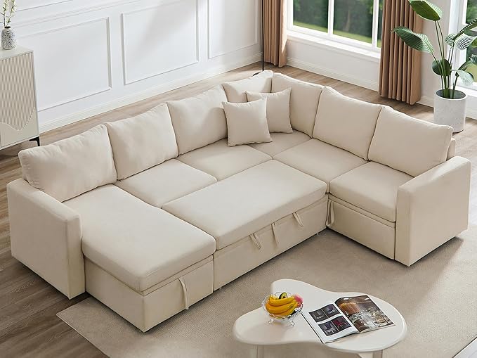 7 - Seater Sofa Bed, Large U - Shaped Modular Sectional Sofa, Oversized Pull - Out Sleeper with Storage for Living Room, Beige-CasaMuseHome
