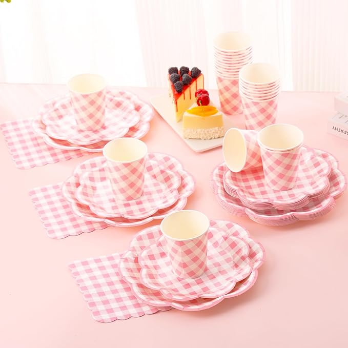 350 Pcs Pink Gingham Plates and Napkins Party Supplies - Pink and White Checkered Plates Sets Serve 50 Guests - Scalloped Gingham Paper Plate for Birthday Wedding Picnic Party Decorations-CasaMuseHome