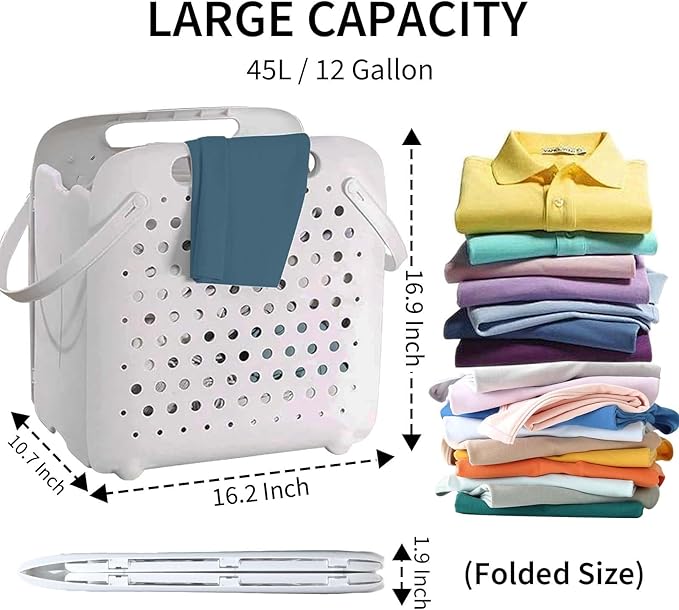 45L Foldable Laundry Basket, Plastic Collapsible Laundry Baskets with Handles, 12 Gallons Dirty Clothes Hamper for Dorm Laundry Room Organization, Freestanding Wall Hanging Laundry Hamper-CasaMuseHome