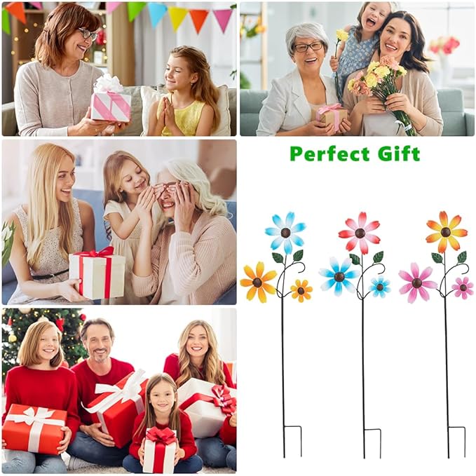 3 Pack Spring Garden Stakes Decor,Metal Flowers Decorative Garden Stakes,Waterproof Metal Yard Art for Outside,Lawn,Patio,Yard(23.1 * 6.7IN)-CasaMuseHome