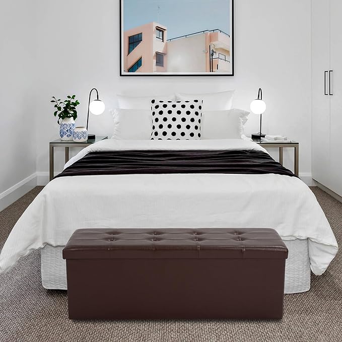 43 Inches Folding Storage Ottoman Bench, PU Leather Storage Chest, Footrest Padded Seat for Bedroom and Hallway, Holds up to 660 lbs, Brown-CasaMuseHome
