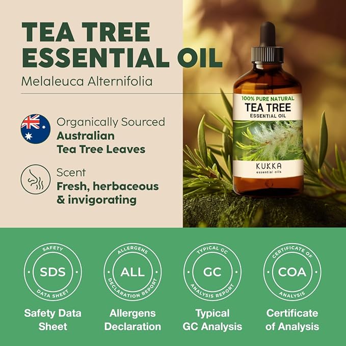 KUKKA essential oils 100% Pure & Natural Tea Tree Oil for Skin, Hair, Toenails, Aromatherapy, & Soap Making Scent (4 fl oz/118 ml)