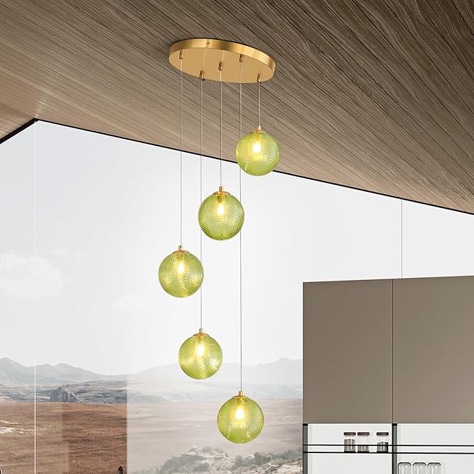5-Light Chandelier, Globe Green Glass Flush Mount Pendant Light,15W Ceiling Hanging Light for Staircase Foyer Entryway Living Room Hotel Kitchen Island(3000K,G9 Bulbs Include)-CasaMuseHome