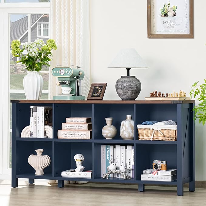 8 Cube Book Shelf, Farmhouse Wood Long Storage Organizer Bookcase, 62" Horizontal Navy Blue Console Closet Bookshelf, Hallway TV Stand for Entryway, Display Cabinet Book Case for Living Room-CasaMuseHome