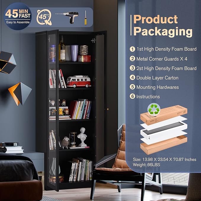 5 Tier Metal Curio Cabinets, 71" Tall Modern Bookshelf Cabinet with 4 Adjustable Shelves, Cabinet Display Case for Home Office, Living Room, Pantry, Assemble Required, Black-CasaMuseHome