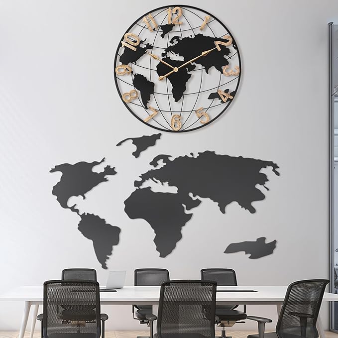 30 Inch Extra Giant Large Wall Clock Oversized,Black Big Metal Modern Decorative Silent World Map Wall Clock with Vintage Gold Roman Numeral for Office,Living Room,Kitchen,Dining Room Decor-CasaMuseHome