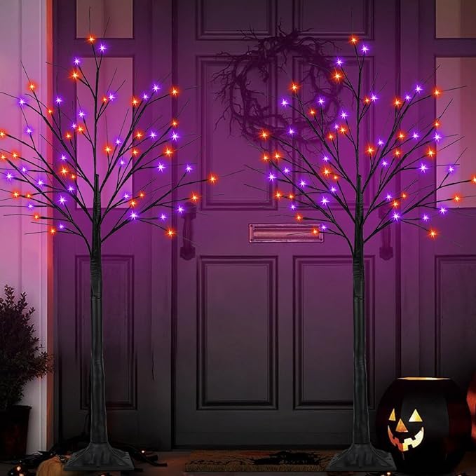 2Pack 5FT 200LED Black Halloween Tree Lights, Timer Function Lighted Black Trees with Purple and Orange Lights, Spooky Trees Light for Indoor Outdoor Halloween Decorations-CasaMuseHome