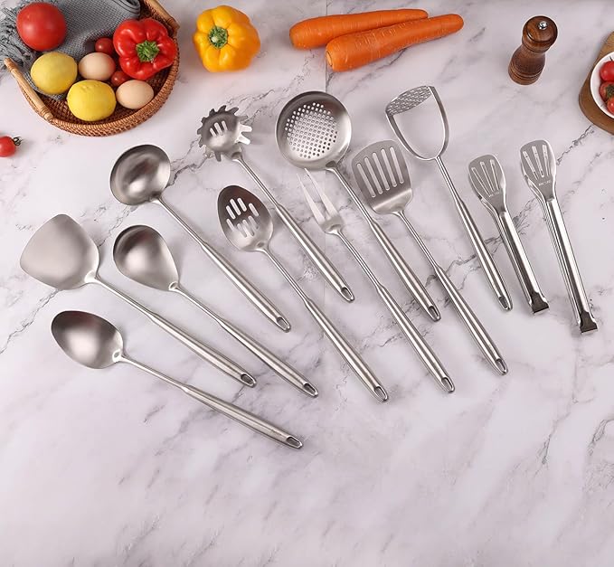 18/10 Stainless Steel Kitchen Utensils Set - 12 PCS All Metal Cooking Tools & 15″ Serving Utensils - Potato Masher, Meat Fork, Tongs, Turner, Pasta, Serving Spoon, Skimmer, Ladle, Spatula Spoon Set-CasaMuseHome
