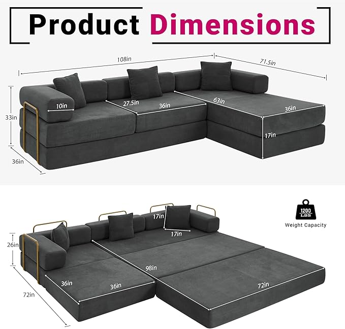 108" Oversized Convertible Sleeper Sofa Bed, Corduroy L Shape Sectional Couch, Folding Sofa Bed with Side Pocket, Modern Cloud Floor Mattress Couch, Modular Sofa for Living Room, Grey-CasaMuseHome
