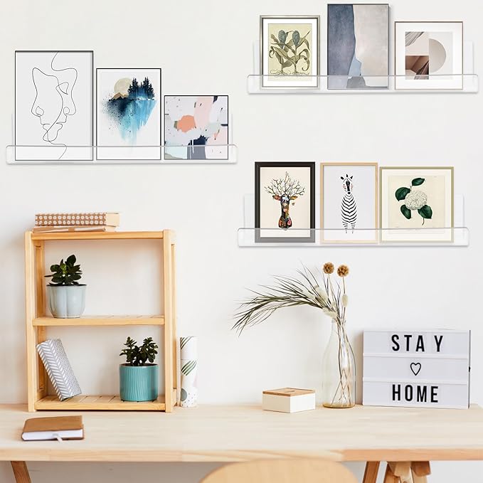 4 Pack Clear Acrylic Floating Shelves for Wall, 15'' Plastic Wall Mounted Display Shelf Kids Bookshelf and Spice Organizer for Bedroom, Living Room, Kitchen, Bathroom, Office-CasaMuseHome