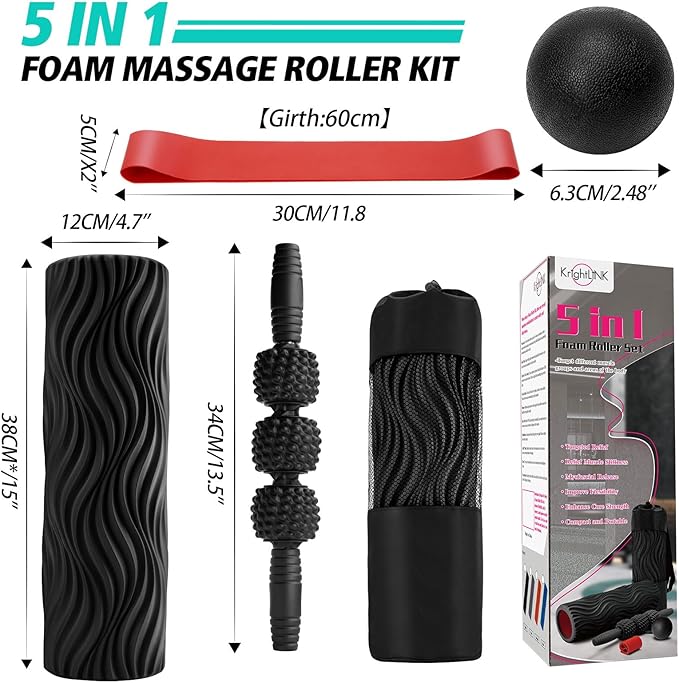 5-in-1 Foam Roller Set, Massage Roller Stick, Massage Ball, Resistance Band for Deep Muscle Massage, Trigger Point Release, Pilates, Yoga (Black-Wave)-CasaMuseHome