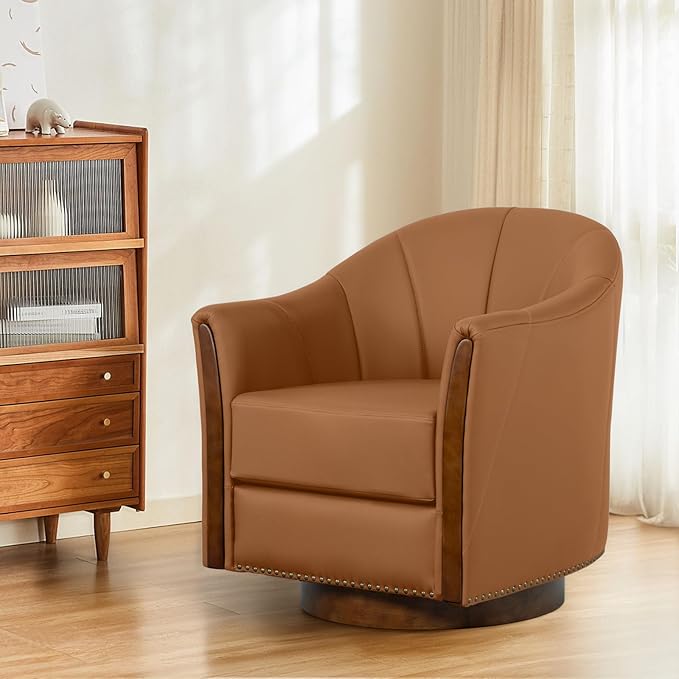360° Swivel Accent Chair, Modern Leather Barrel Club Chair with Leather Upholstery and Sturdy Wood Base, Comfortable Armchair for Living Room, Bedroom, Reading Nook, Brown-CasaMuseHome