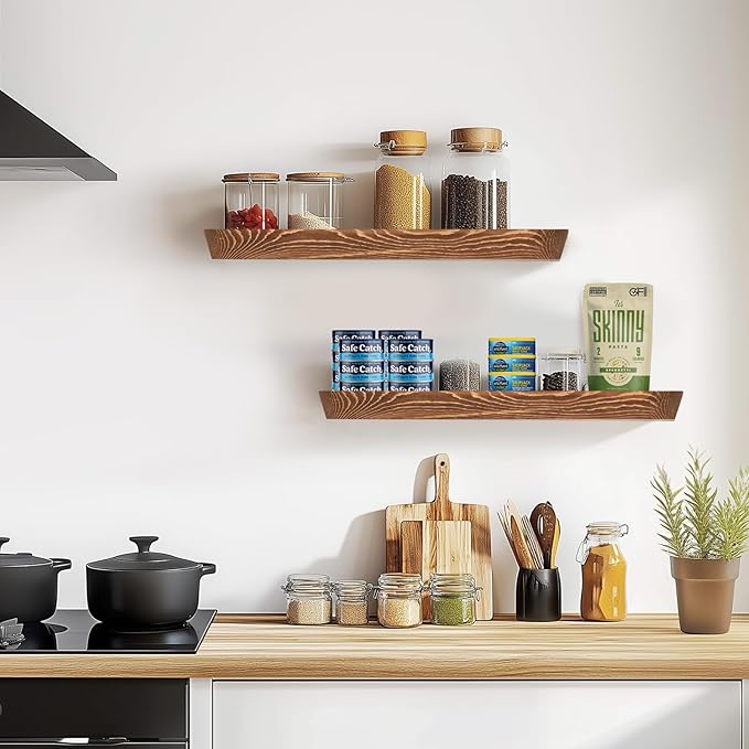 24"x6.8"x1.6" Slanted Floating Wall Shelves 2-Pack - Rustic Brown Finish, Heavy-Duty Solid Wood Design with Hidden Brackets - Perfect for Living Room, Kitchen, Bathroom, or Office-CasaMuseHome