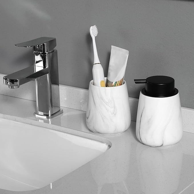 2Pcs Toothbrush Holder for Bathroom - Marble White Ceramic Tooth Brushing Holders Set, Toothbrush Cup & Toothpaste Organizer for Bathroom Countertop, Makeup Brush Holder, Pen Holder for Home Storage-CasaMuseHome