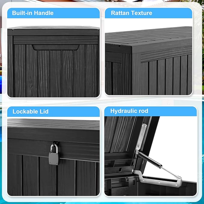 200 Gallon Lockable Resin Deck Box, Waterproof & UV-Resistant Outdoor Storage Box for Outdoor Cushion Storage, Garden Tools & Pool Accessories Storage, Black-CasaMuseHome