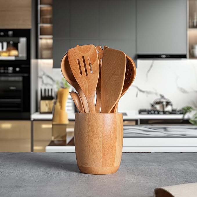 11 PCS WOSPONFAN Kitchen Utensils Set - Wooden Spoons for Cooking, Natural Beech Wood Wooden Utensils - Includes Wooden Spoons, Spatula Set, Slotted Spoon - Handmade Wooden Spoon Set-CasaMuseHome