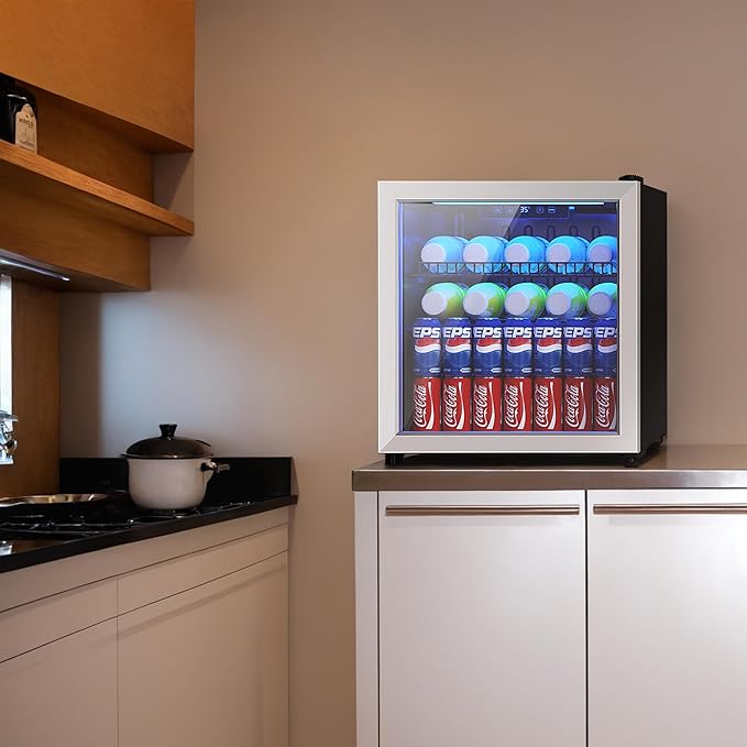 1.77 Cu.Ft Beverage Fridge, Mini Fridge With Glass Door, Beverage Cooler Refrigerator, Wine Drink Beer Fridge, Adjustable Shelves & Digital Temperature Display, 16 Bottle 68 Can, Silver-CasaMuseHome