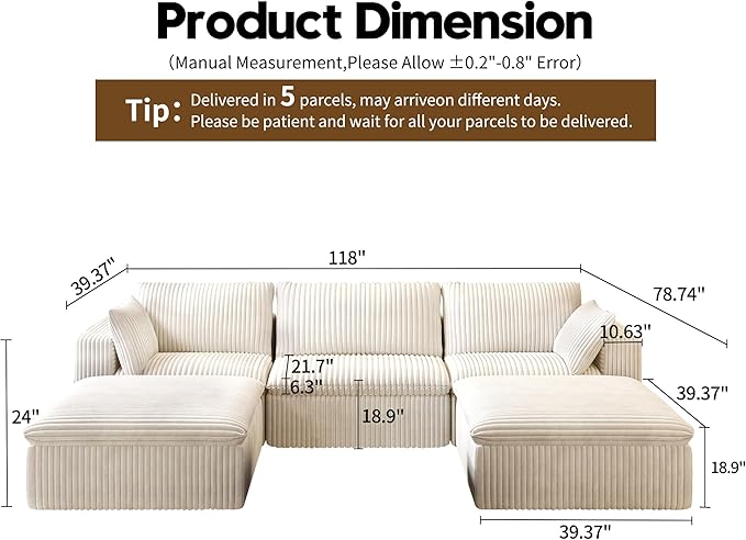 118" U Shaped Modern Sofa Modular Sectional Cloud Couch with 2 Ottoman,Upholstered Couches with Corduroy Fabric for Living Room Furniture,Bedroom and Apartment,No Assembly Required,White-CasaMuseHome
