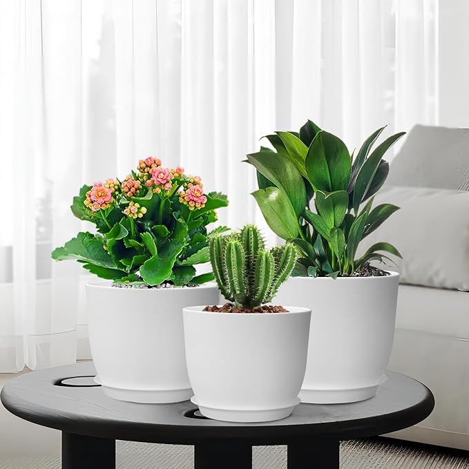 9/8/7.5 inch Flower Pots, Set of 3 Modern Decorative Plastic Planters with Drainage Holes and Saucers, Plant Pots for Indoor Outdoor Plants, White-CasaMuseHome