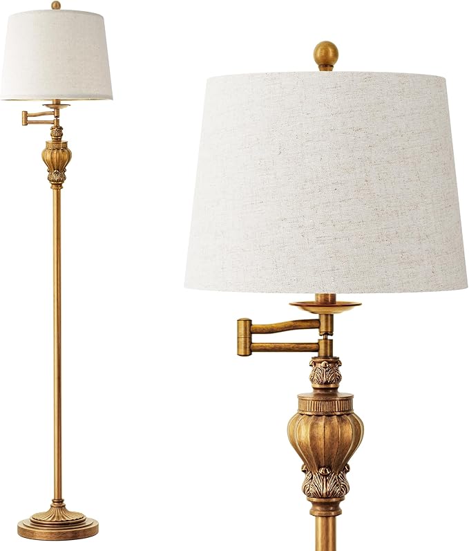 61" Vintage Floor Lamp with 350° Adjustable Swing Arm, Gold Standing Lamp for Bedroom Living Room Nightstand Bedside Retro Farmhouse Mid Century Lamp Light Home Décor Office Gifts-CasaMuseHome
