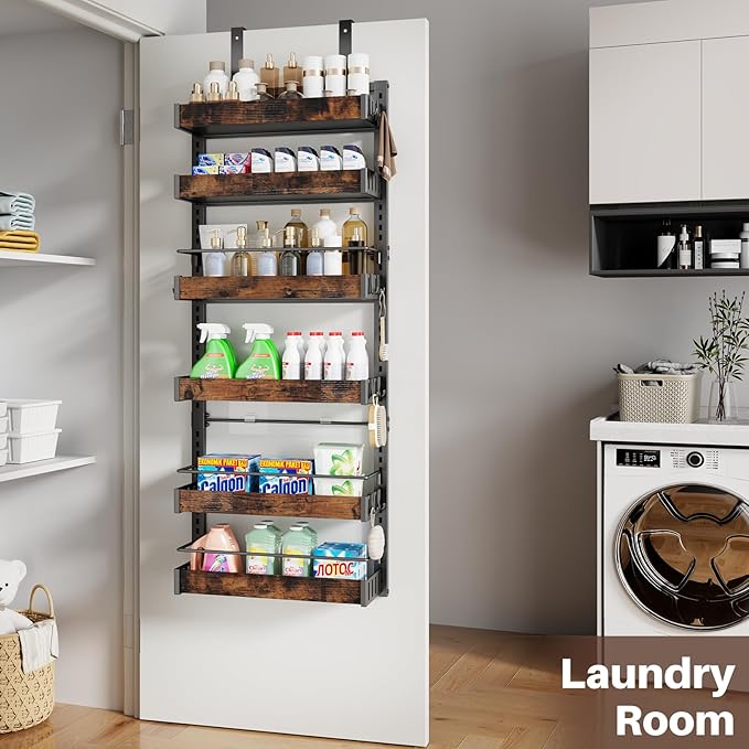 6 Tier Over The Door Pantry Organizer, 2 IN 1 Wall Mount or Metal Hanging Spice Rack for Pantry Organizers and Storage, Seasoning Shelves,Adjustable Basket with Hooks for Kitchen, Bathroom,Laundry-CasaMuseHome