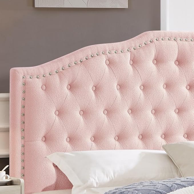 24KF Upholstered Button Tufted Queen Headboard with Nailhead Trim, Elegant Boucle Fabric Full headboard, 6031-Q-Boucle-Pink-CasaMuseHome