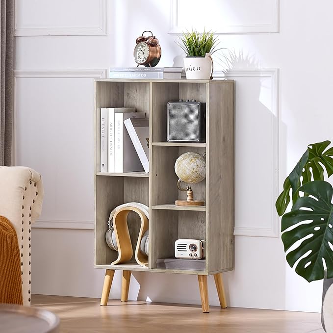 5 Cube Small Bookshelf,3 Tier Mid-Century Modern Bookcase with Legs,Wood Bookshelves Storage Organizer Shelf,Free Standing Narrow Book Shelves,Rustic Grey Corner Bookcases for Bedroom,Living Room-CasaMuseHome