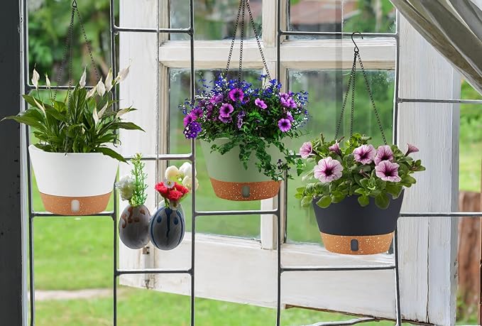 2 Pack Hanging Planters for Indoor Outdoor Plants, 10 Inch Hanging Flower Pot Basket with Drainage Hole with Removable Tray&Hooks Self Watering Plant Pot for Hanging Plants, Dark Grey-CasaMuseHome