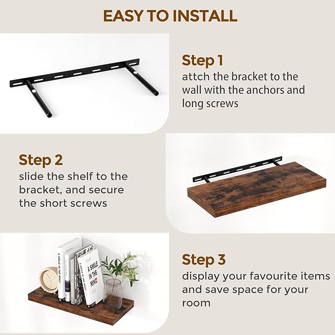 55 Inch Floating Shelves Set of 2, Rustic 55 x 9 Floating Shelf for Wall, 9 Inch Deep Wall Shelves Invisible Bracket, Large Deep Shelving for Bedroom, Kicten, Living Room, Rustic Brown Color-CasaMuseHome