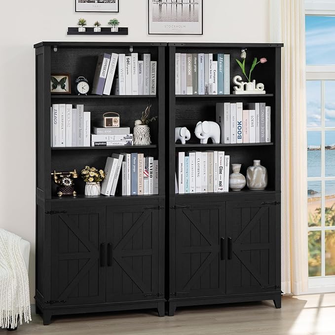 70in Tall Bookshelf 5 Tier Bookcase with Barn Doors and Adjustable Shelves, Black Farmhouse Book Shelf with Storage Cabinet, Wood Freestanding Display Bookshelves for Bedroom, Kitchen (3PCS)-CasaMuseHome