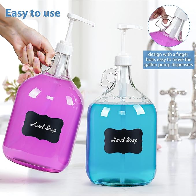2 Pack Gallon Glass Pump Bottle Dispensers with 3 Pumps and 2 Airtight Lids, Laundry Soap Dispensers with 1 Funnel, Liquid Laundry Detergent Dispensers for Fabric Softener, Shampoo, Body Wash-CasaMuseHome