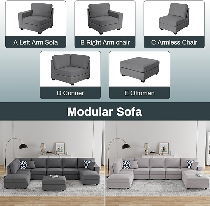 L Lengend Vansen Modular Sectional Sofa U Shaped Couch with Ottoman Modern Reversible Corner Sectional Couch for Living Room (Dark Grey, U Shaped Sofa-4)-CasaMuseHome