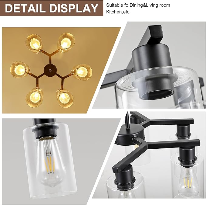 6-Light Modern Farmhouse Black Chandelier, Dining Room Light Fixture Over Table Adjustable Height Hanging Industrial Pendant Lights Kitchen Island, Clear Glass Shade-CasaMuseHome