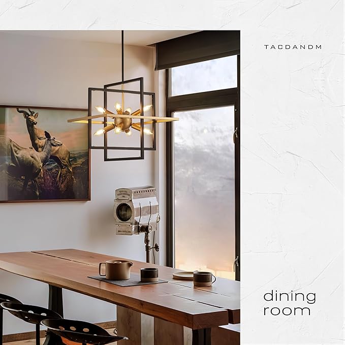 18.9'' Black Gold 8-Light Sputnik Chandelier Modern Industrial Adjustable Hanging Geometric Pendant Light Fixture for Entryway Foyer Stairway Hallway Bedroom Living Room Kitchen Island-CasaMuseHome