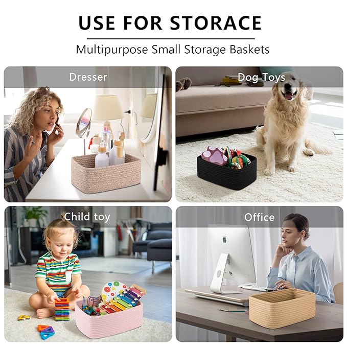 4 Pack Small Storage Shelf Baskets for Organizing, Mini Woven Rope Storage Bins for Towels, Cute Decorative Closet Organizer,Baby Nursery, Gift Empty Baskets -11.81''Lx7.87''Wx4.72''H-Pink-CasaMuseHome